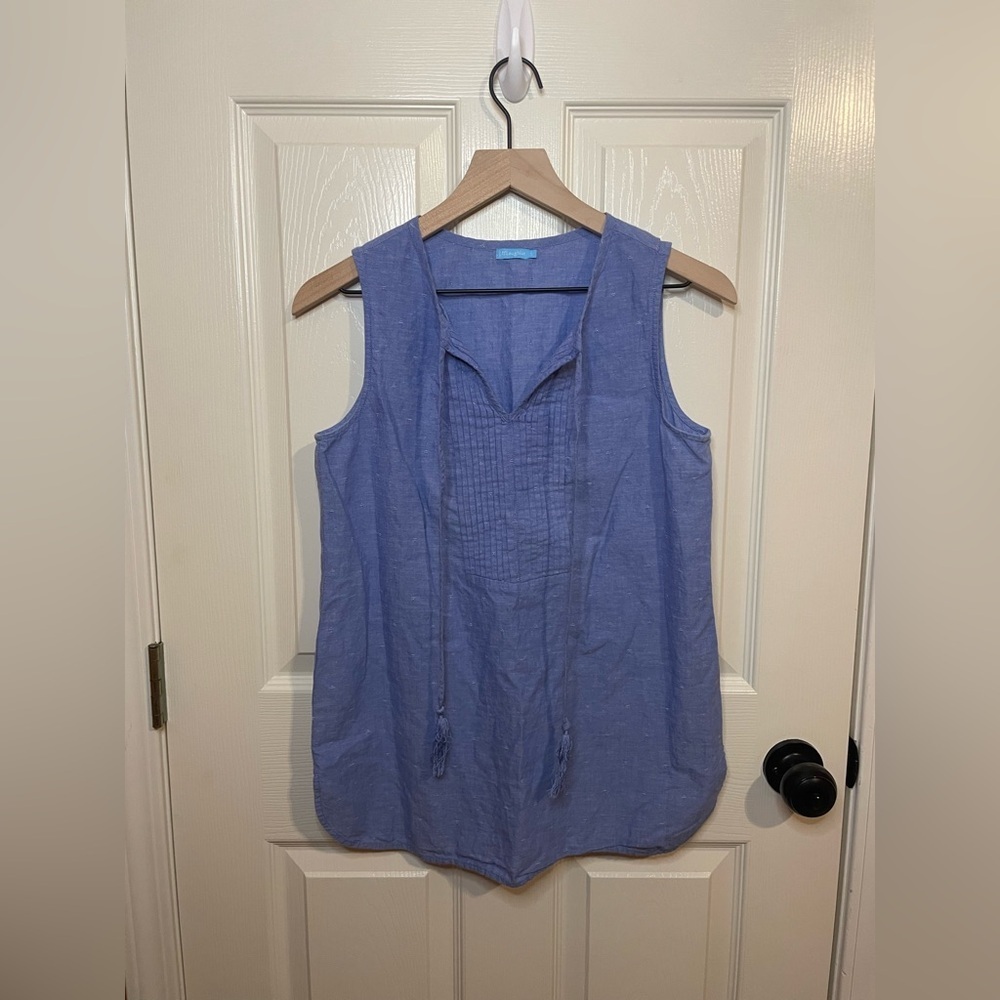 J McLaughlin Chambray Blue Tie Front Linen Blend Tank Top Coastal Size Small
